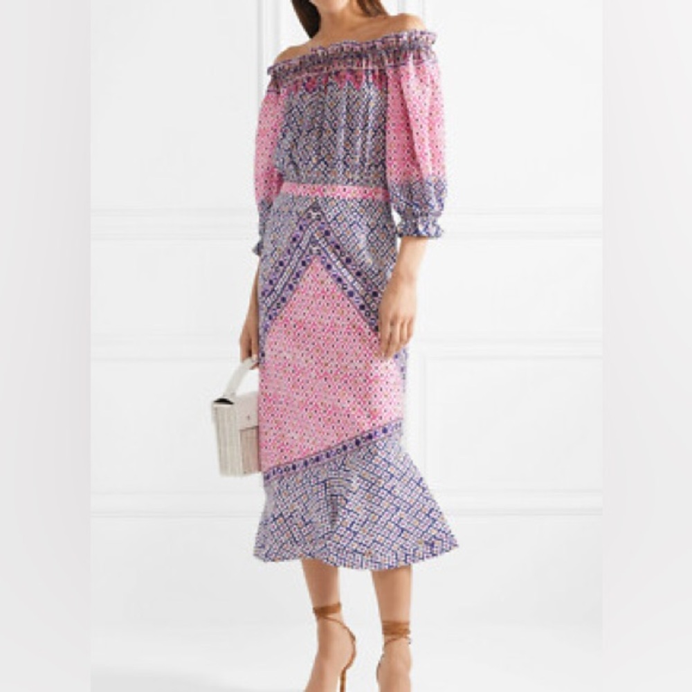 SALONI Pink and Black Ruffled Off-the-Shoulder Sundress